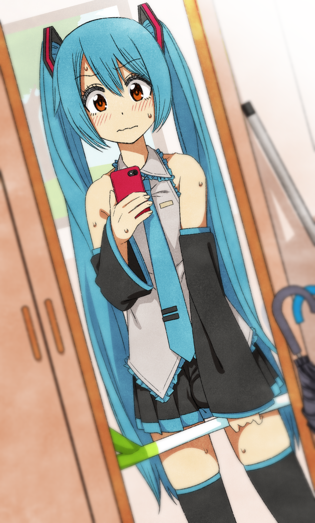 1boy, bangs, blue_hair, blush, brown_eyes, bulge, commentary, cosplay, crossdressinging, detached_sleeves, embarrassed, eyelashes, hatsune_miku, highres, holding, holding_leek, holding_phone, mikusu, mirror, necktie, original, otoko_no_ko, phone, pleated_skirt, self_shot, shirt, skirt, sleeveless, sleeveless_shirt, solo, spring_onion, standing, sweat, thigh-highs, twintails, umbrella, vocaloid, wig