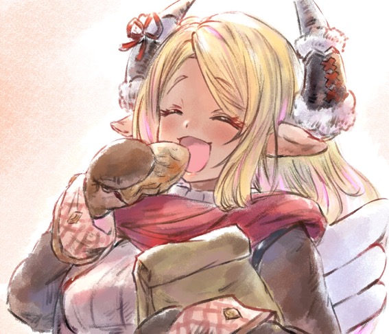 1girl, bag, blonde_hair, closed_eyes, dark_skin, draph, eating, food