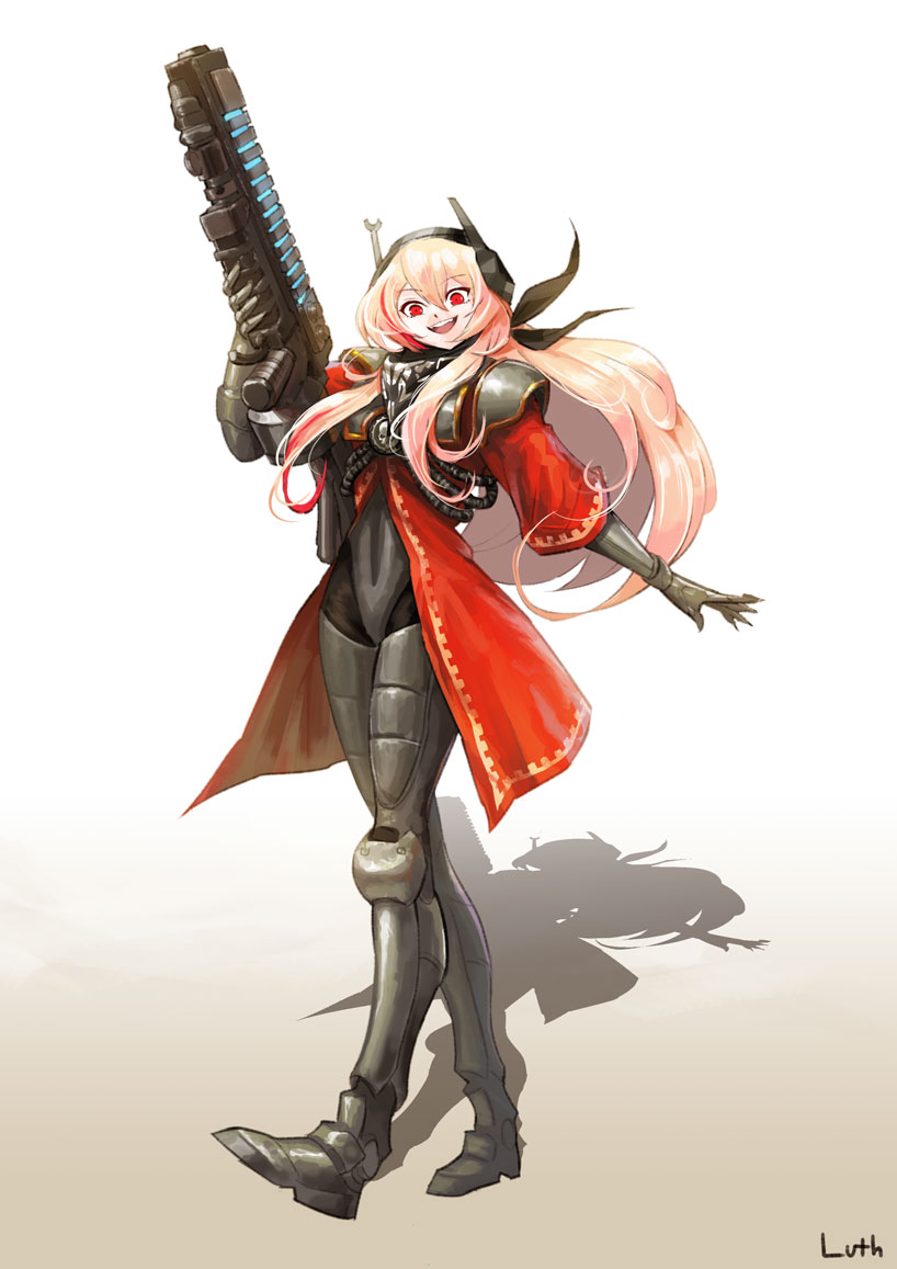 1girl, adeptus_mechanicus, boots, commission, energy_gun, gauntlets, girls_frontline, happy