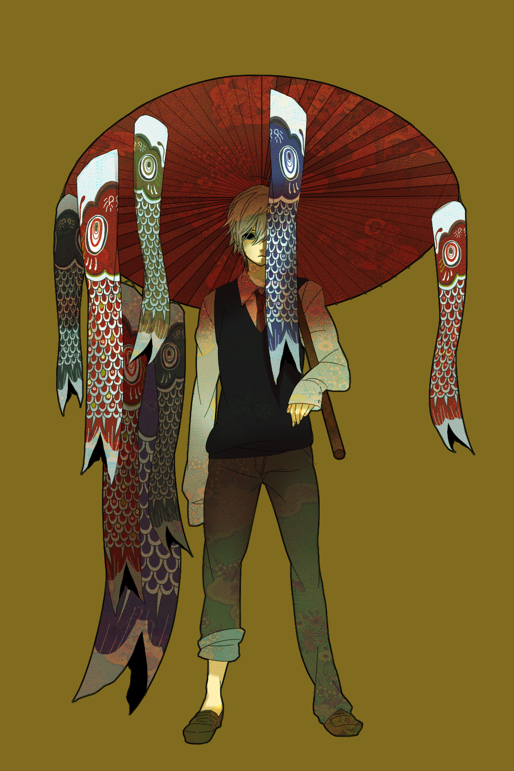 distortion, highres, male, necktie, oriental_umbrella, original, todoroki_sora, todorokisora