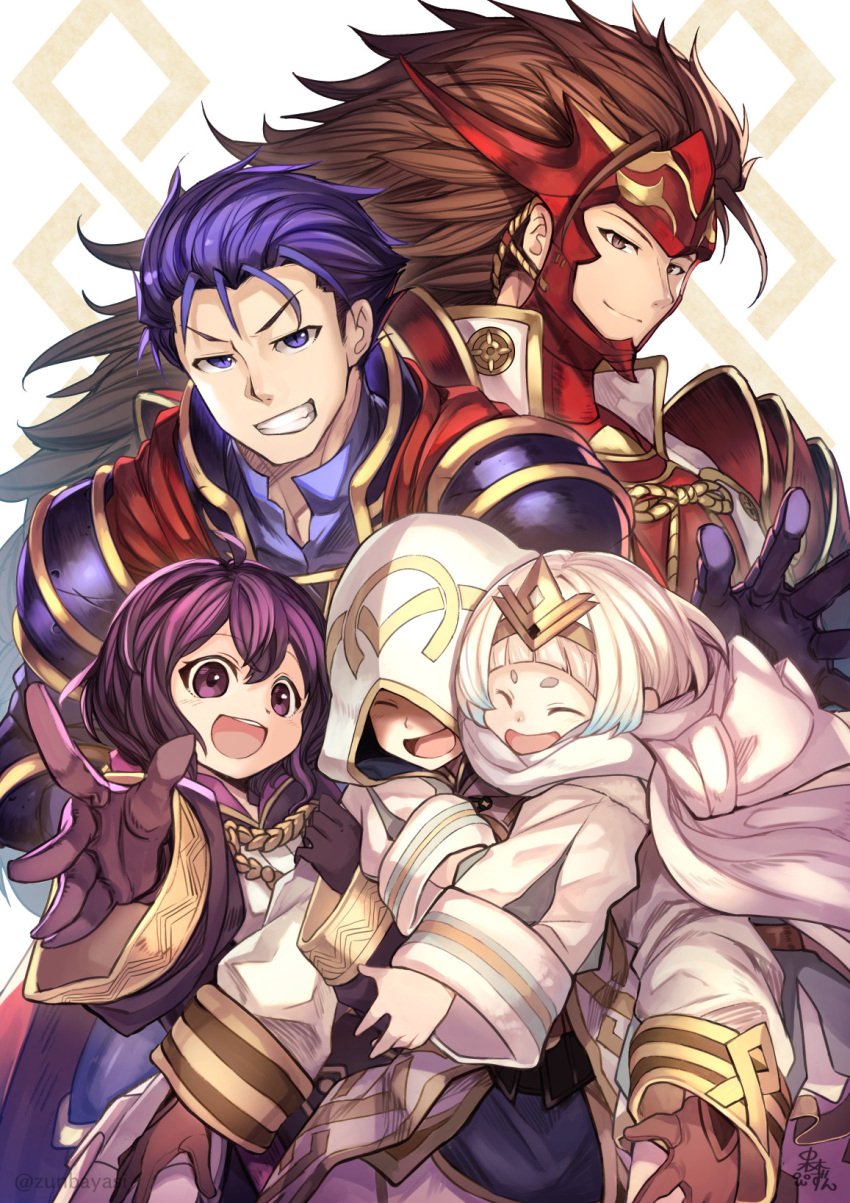 2girls, 3boys, ambiguous_gender, armor, blue_eyes, blue_hair, brown_eyes, brown_hair, cape, crown, fire_emblem, fire_emblem_heroes, gloves, grin, hector_(fire_emblem), highres, hood, kiran_(fire_emblem), looking_at_viewer, morgan_(fire_emblem), morgan_(fire_emblem)_(female), multiple_boys, multiple_girls, nakabayashi_zun, purple_hair, robe, ryoma_(fire_emblem), smile, violet_eyes, white_hair, ylgr_(fire_emblem)