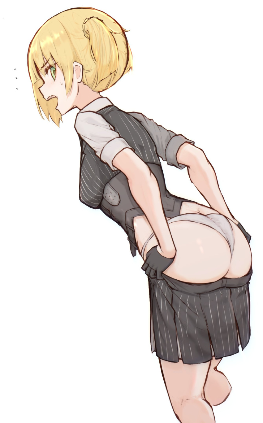 1girl, ass, asymmetrical_hair, blonde_hair, cropped_legs, girls_frontline, gloves, green_eyes