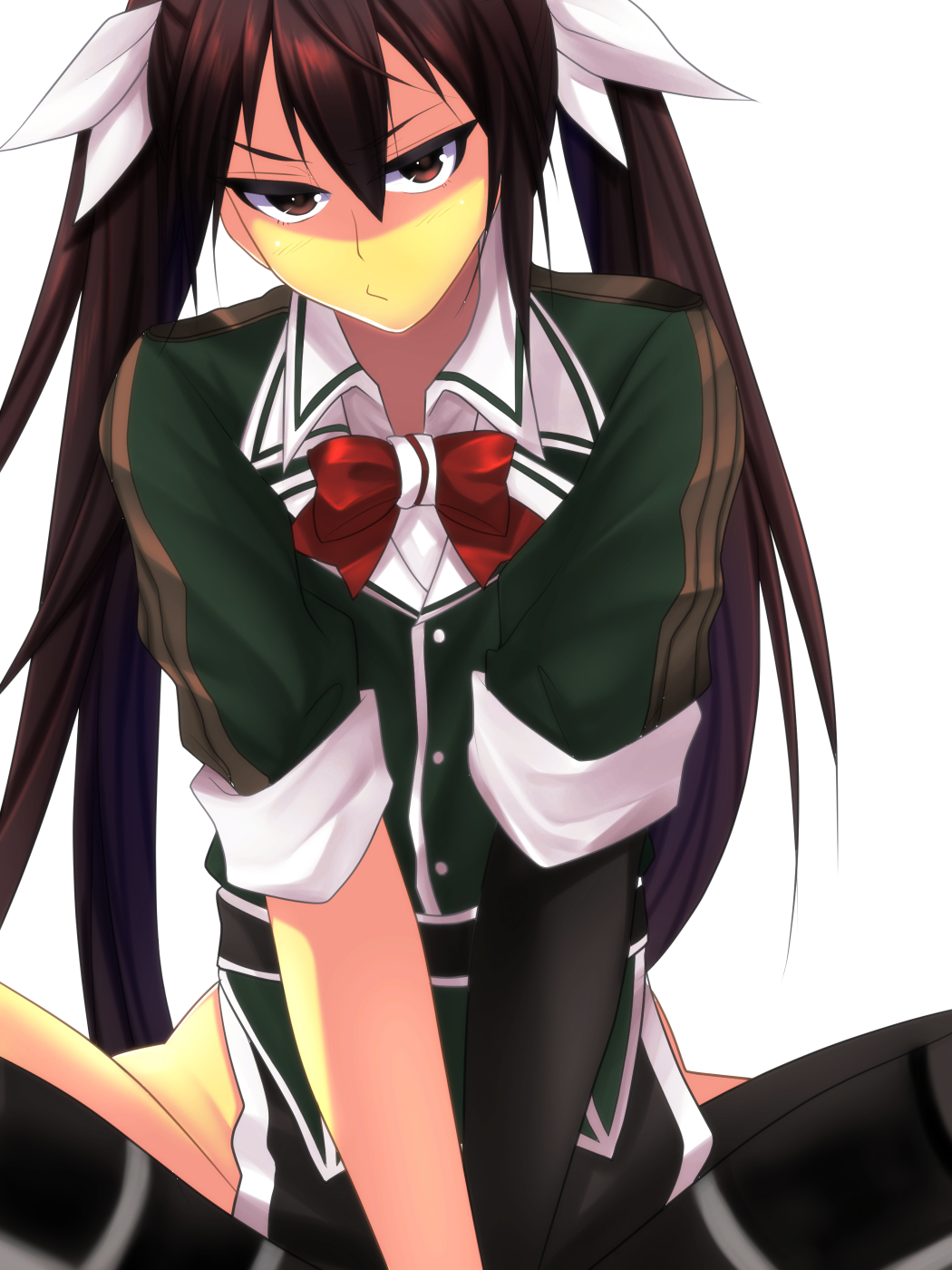 1girl, :t, brown_eyes, brown_hair, groin, hair_between_eyes, highres, indian_style