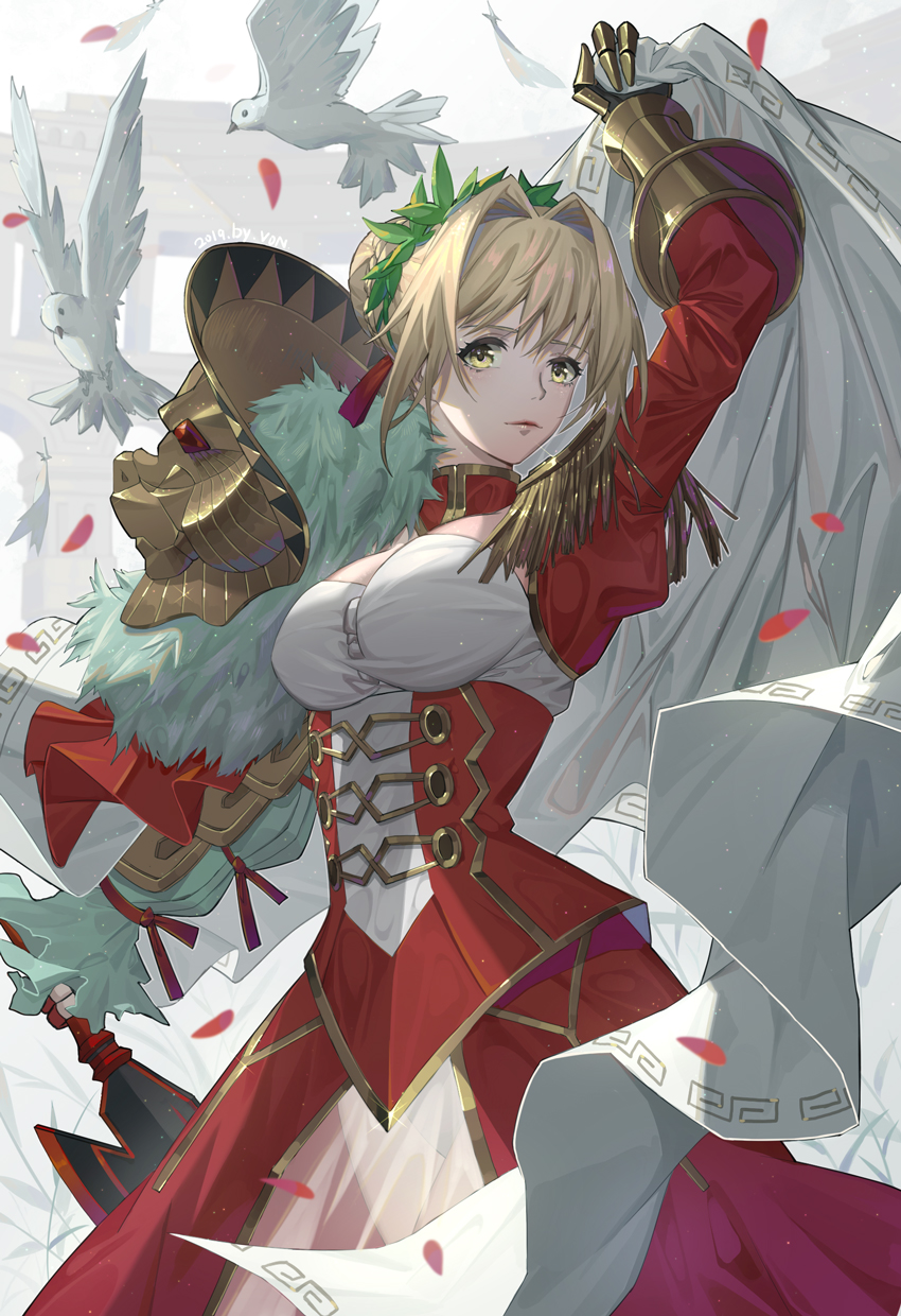 1girl, arm_up, bird, blonde_hair, breasts, bustier, fate/extra, fate_(series), gauntlets, hair_intakes, hair_ribbon, highres, large_breasts, long_sleeves, looking_at_viewer, nero_claudius_(fate), nero_claudius_(fate)_(all), parted_lips, petals, red_ribbon, red_skirt, ribbon, rose_petals, shiny, shiny_hair, short_hair, shrug_(clothing), skirt, solo, standing, two-tone_skirt, von_(657932285), white_skirt, yellow_eyes
