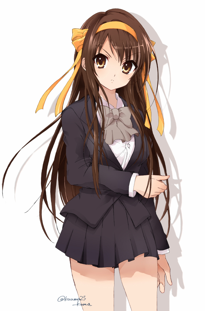 1girl, bangs, black_jacket, black_skirt, bow, bowtie, brown_eyes, brown_hair
