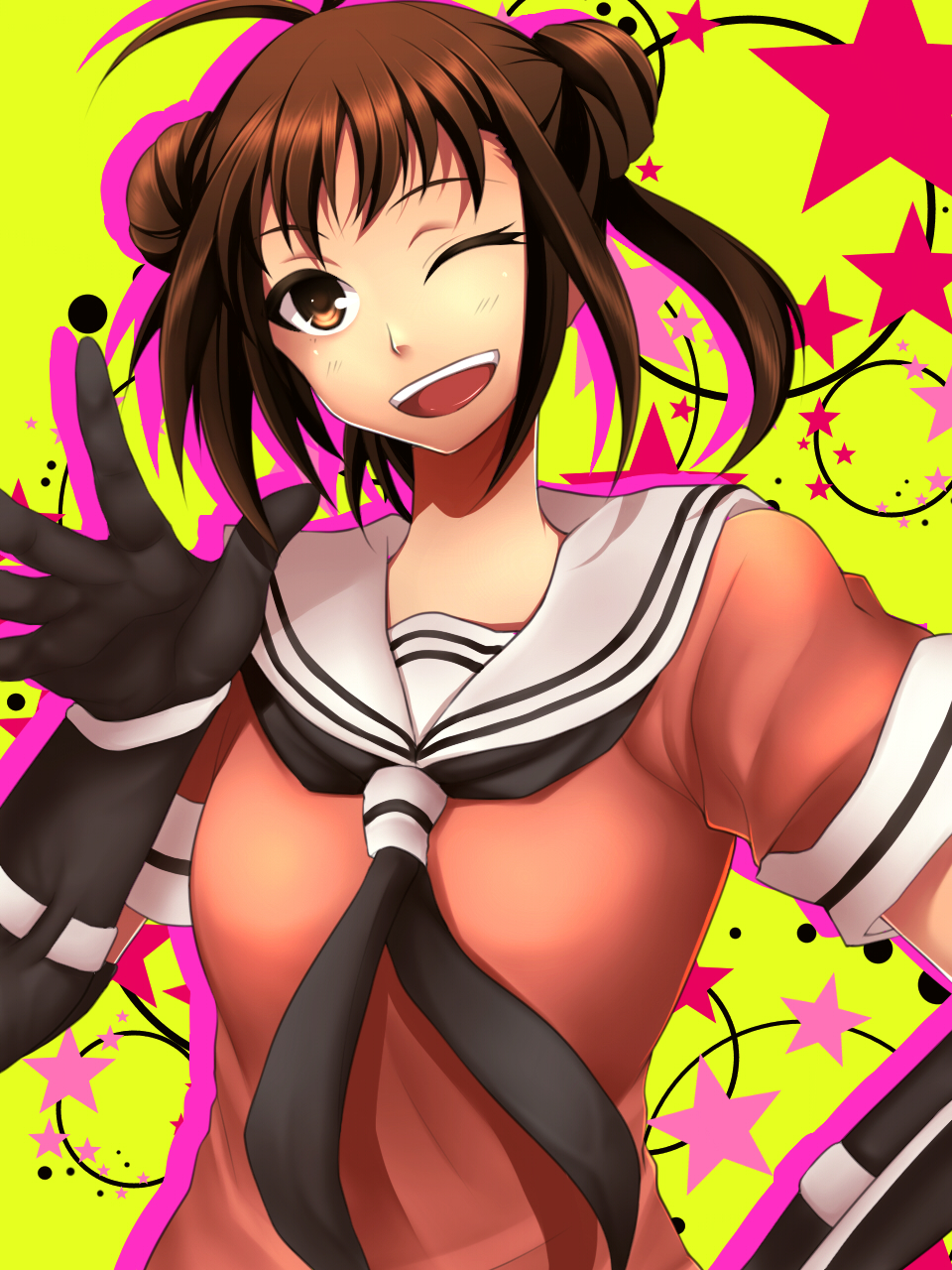 1girl, ahoge, blush, brown-haired_girl_(23), brown_eyes, double_bun, elbow_gloves, gloves