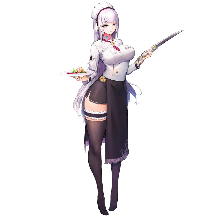 1girl, bangs, blue_eyes, blunt_bangs, breasts, character_name, chef, dish