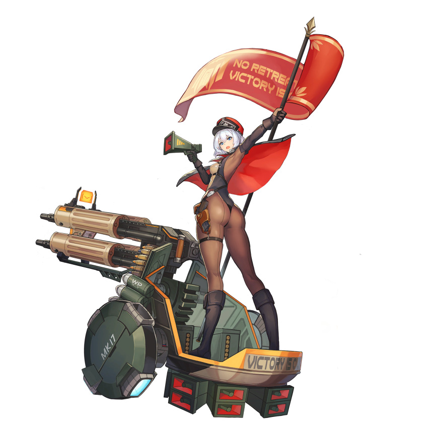 1girl, ass, bangs, banner, black_legwear, blue_eyes, boots, c-77_redhood