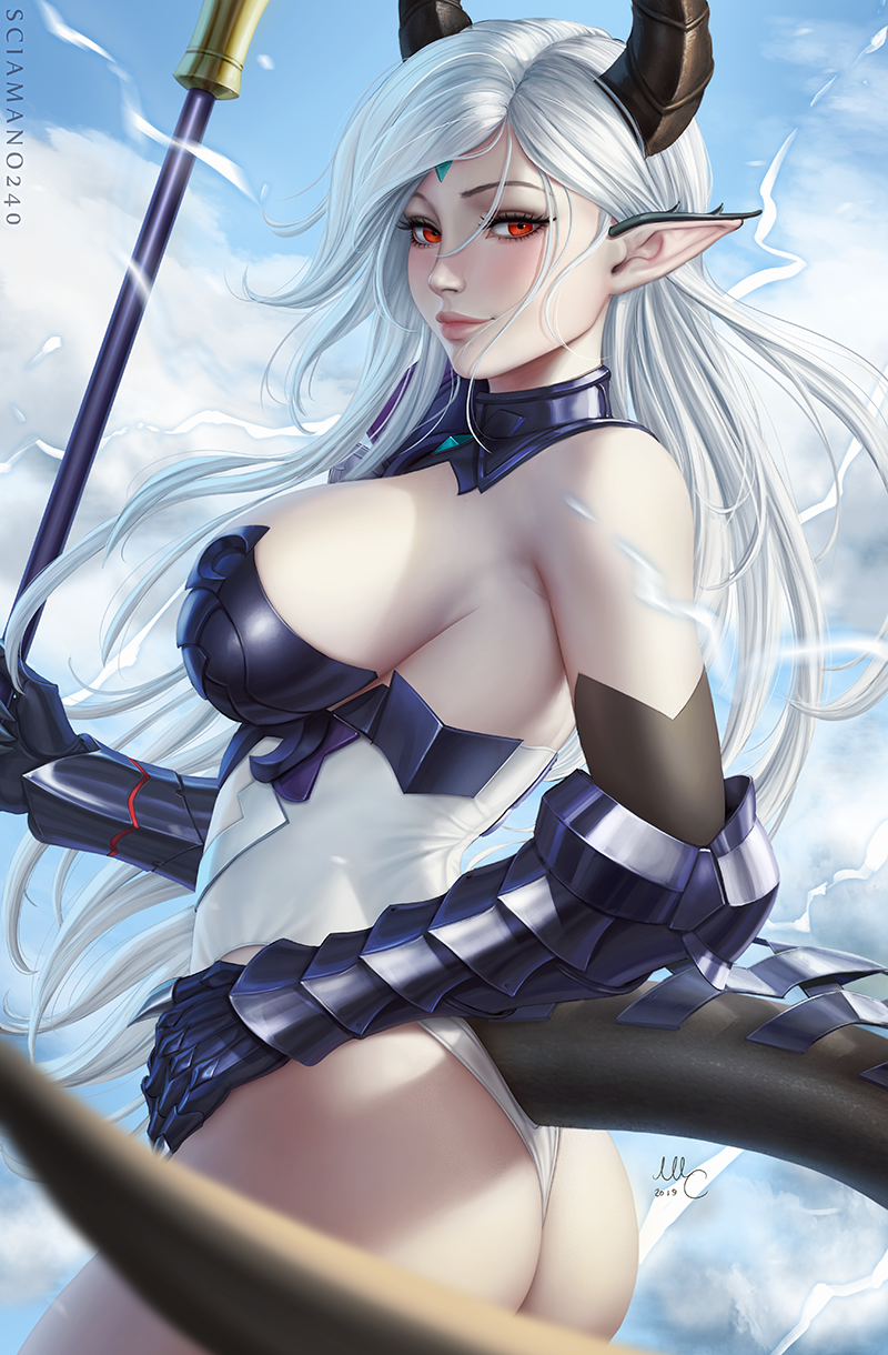 1girl, 2019, armored_leotard, ass, black_horns, black_sleeves, blush, breasts