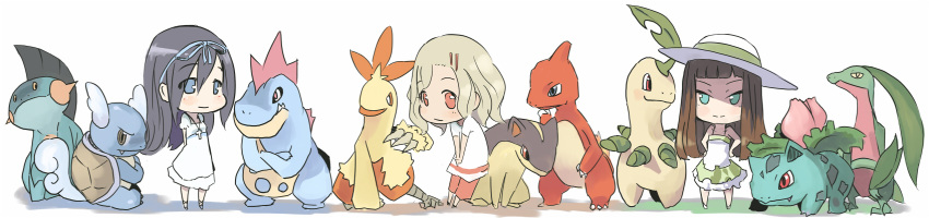 3girls, bow, bulbasaur, charmeleon, chibi, combusken, croconaw, grovyle