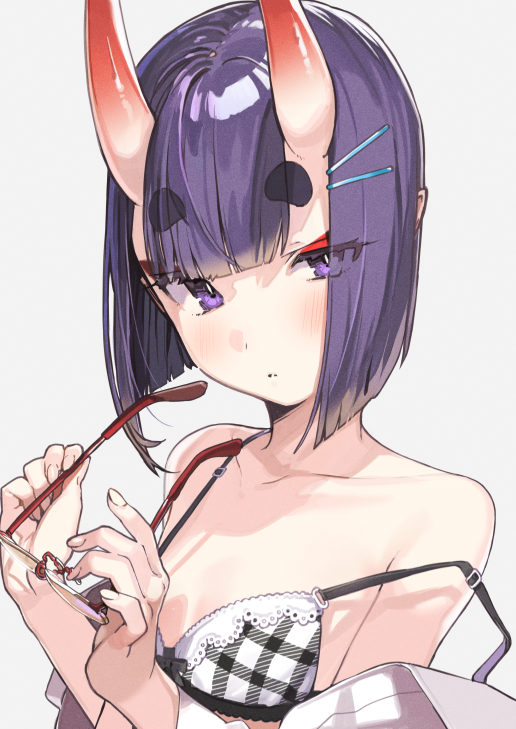 1girl, bangs, bare_shoulders, blush, bob_cut, breasts, collarbone, eyeliner