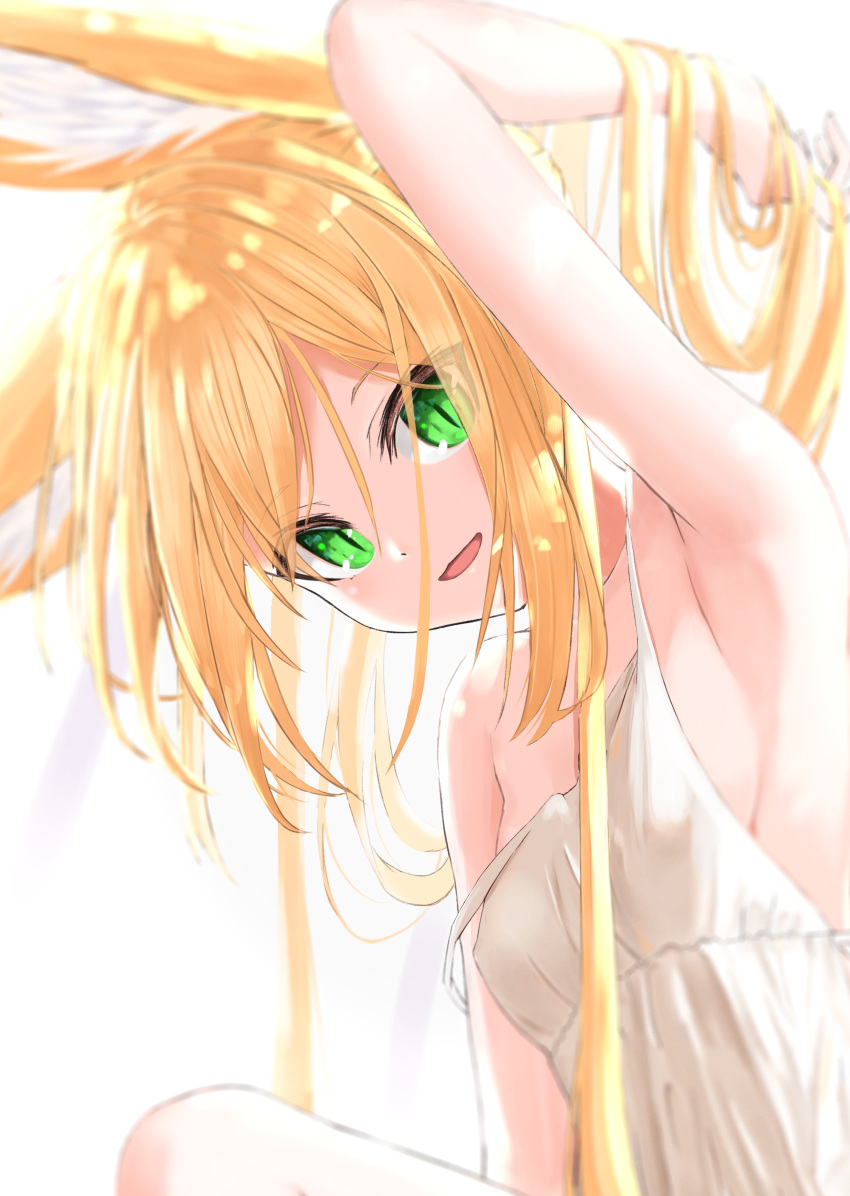 1girl, :d, absurdres, animal_ear_fluff, animal_ears, blonde_hair, blurry, breasts