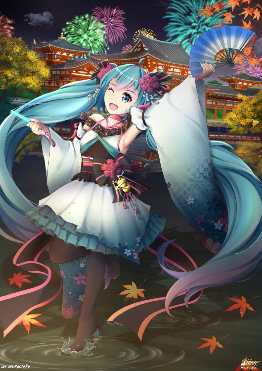 1girl, absurdres, alternate_costume, aqua_eyes, aqua_hair, architecture, armpits, artist_name