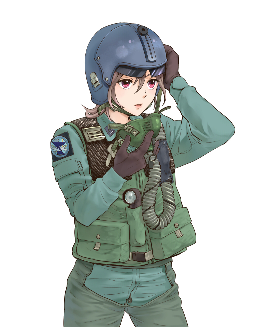 1girl, black_gloves, brown_hair, chin_strap, cowboy_shot, flashlight, gloves, hair_between_eyes