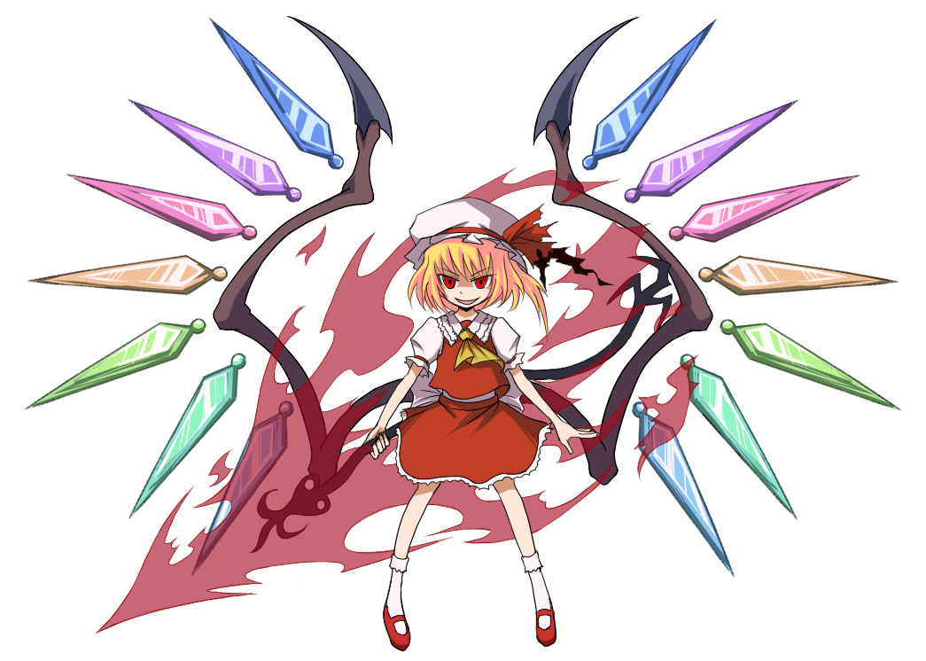 bobby_socks, flandre_scarlet, hat, laevatein, large_wings, n_(ruff), red_eyes, ribbon, ribbons, ruff_(pixiv), short_hair, simple_background, socks, touhou, wings