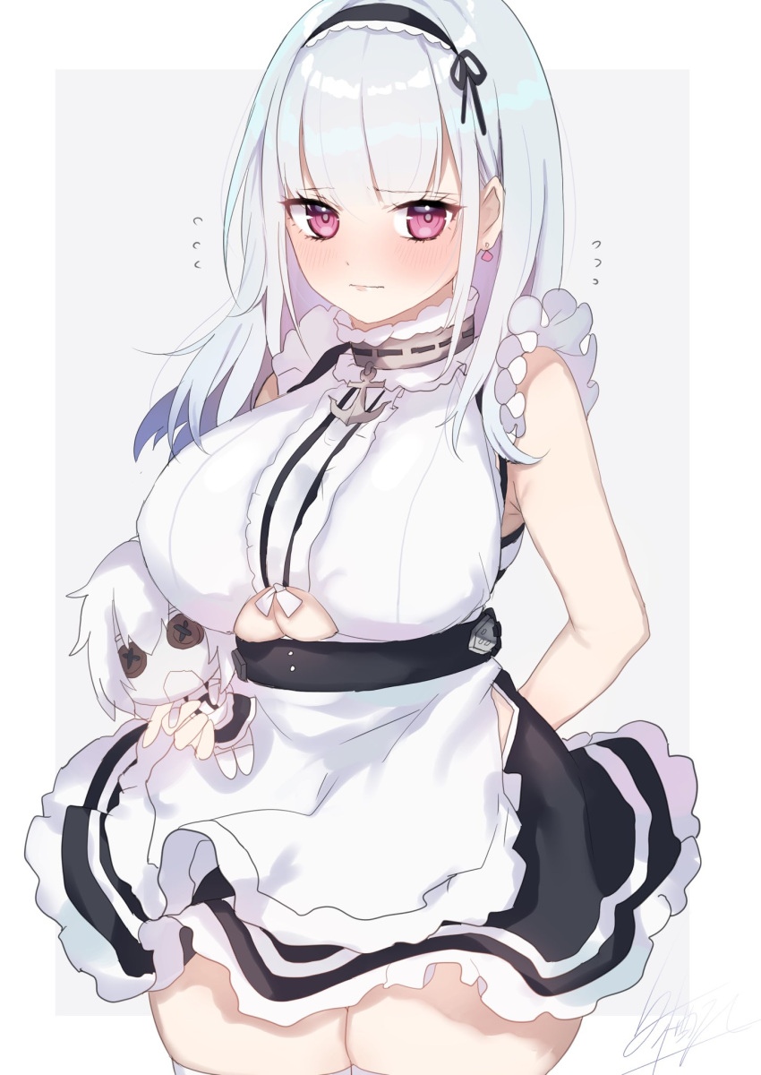 1girl, apron, azur_lane, bare_shoulders, black_dress, breasts, character_doll, choker