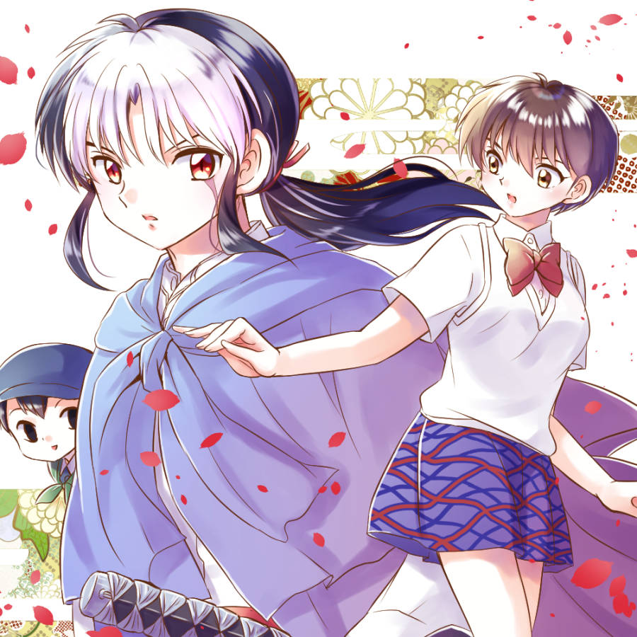 1girl, 2boys, bangs, bare_arms, black_eyes, black_hair, blue_headwear, bow, bowtie, breasts, brown_hair, child, cloak, dafne, facial_scar, hat, inset, katana, kiba_nanoka, long_hair, looking_at_another, looking_at_viewer, looking_back, low_ponytail, mao_(mao), mao_(takahashi_rumiko), medium_breasts, miniskirt, multicolored_hair, multiple_boys, nanoka_kiba, otoya, otoya_(mao), outstretched_arm, petals, red_bow, red_neckwear, scar, school_uniform, shirt, short_hair, short_sleeves, sidelocks, skirt, sweater_vest, sword, two-tone_hair, weapon, white_hair, white_shirt, yellow_eyes