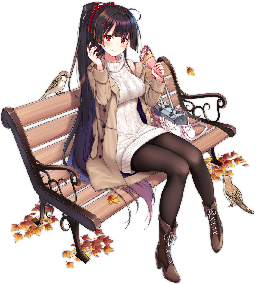 1girl, agano_(azur_lane), agano_(dating_game?)_(azur_lane), aran_sweater, autumn_leaves, azur_lane, bag, bare_shoulders