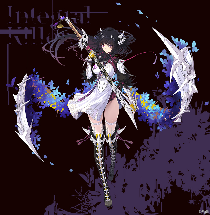 black_hair, blue_flower, bone, bone_hair_ornament, boots, company_name, dress, fan, flower, gloves, integral_killer_(phantom_of_the_kill), katana, knee_boots, masamune_(phantom_of_the_kill), official_art, petals, phantom_of_the_kill, puffy_short_sleeves, puffy_sleeves, red_eyes, sheath, sheathed, short_sleeves, skeletal_wings, star_ornament, sword, thigh-highs, weapon, white_dress