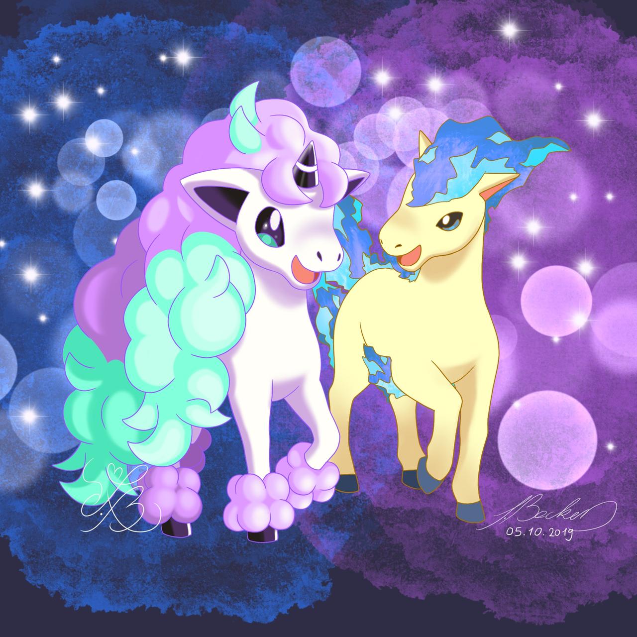 :d, alternate_color, blue_fire, creature, fire, full_body, galarian_and_normal, galarian_ponyta