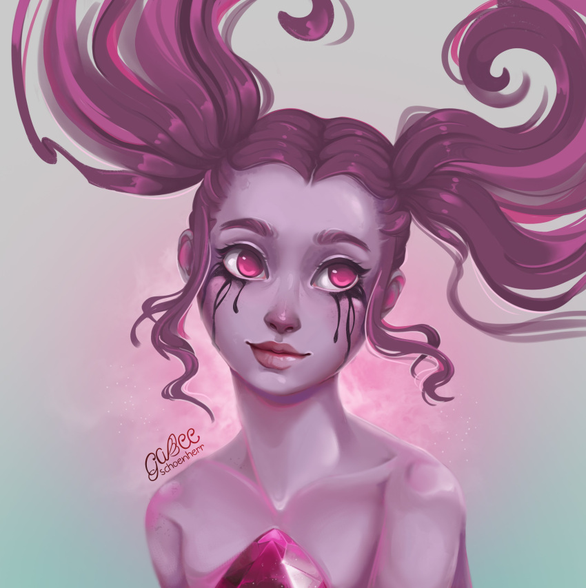 1girl, absurdres, commentary, face, gabee_schoenherr, grey_background, highres, lips, multiple_sources, parted_hair, portuguese_commentary, purple_hair, purple_skin, purple_theme, shoulders, sidelocks, signature, solo, spinel_(steven_universe), steven_universe, tied_hair, twintails
