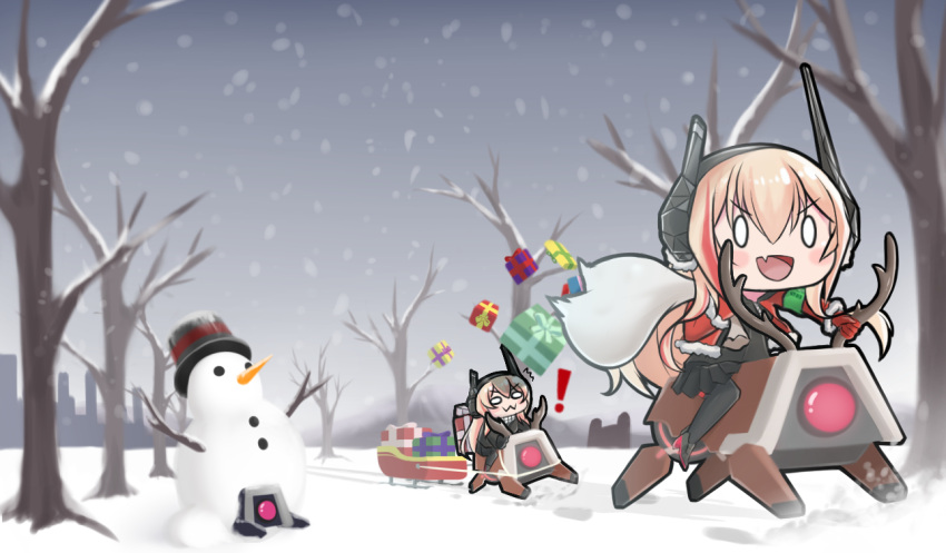 !, /\/\/\, 2girls, :3, antlers, bangs, black_skirt, blonde_hair