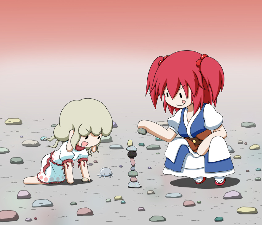 2girls, :q, all_fours, barefoot, blonde_hair, chibi, commentary_request, dress