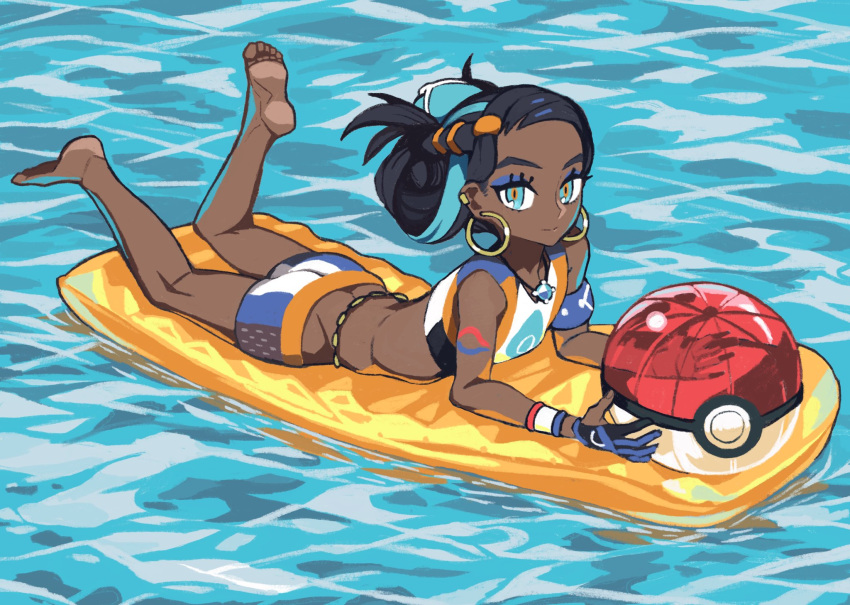 1girl, air_mattress, ball, beachball, belly_chain, blue_eyeshadow, dark_skin, earrings, gratin_gratin, highres, holding_beachball, hoop_earrings, jewelry, lying, multicolored_hair, necklace, on_stomach, outdoors, poke_ball, poke_ball_(generic), pokemon, pokemon_(game), pokemon_swsh, rurina_(pokemon), solo, sportswear, swimsuit, tankini, the_pose, two-tone_hair, water