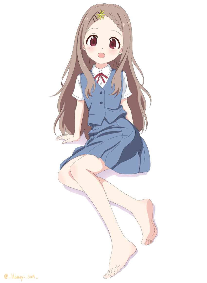 1girl, absurdres, aoba_kokona, arm_support, barefoot, blush, braid, braided_bangs, brown_hair, hair_ornament, hairclip, highres, long_hair, nanowise, red_eyes, school_uniform, short_sleeves, soles, solo, twitter_username, white_background, yama_no_susume