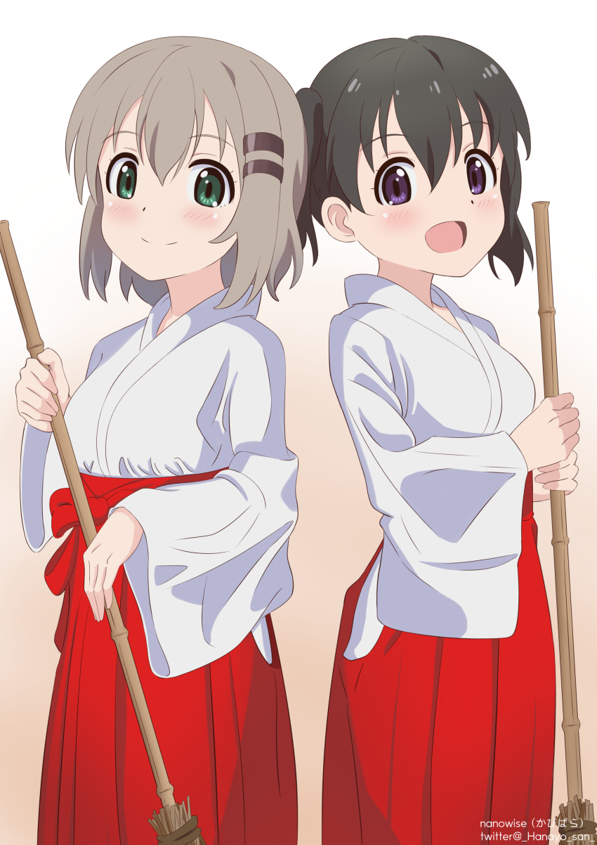 2girls, absurdres, back-to-back, bamboo_broom, black_hair, blush, broom, green_eyes