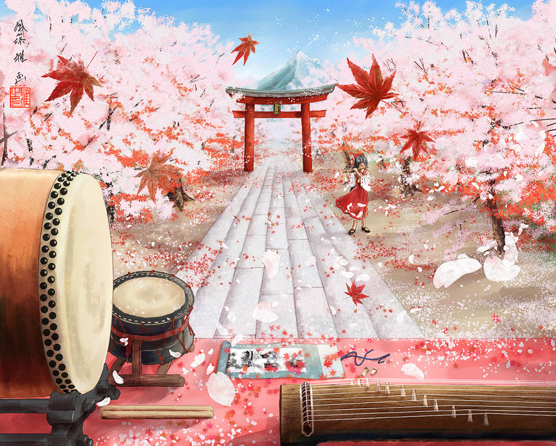 drum, drums, hakurei_reimu, instrument, instruments, japanese_clothes, kazashino_miyabi, koto_(instrument), leaf, leaves, maple_leaves, miko, petals, taiko_drum, torii, touhou