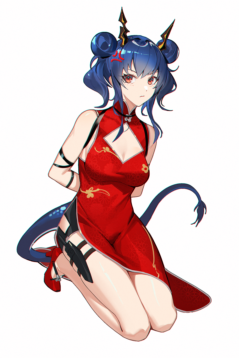1girl, arknights, bare_legs, blue_hair, ch'en_(arknights), china_dress, chinese_clothes, dragon