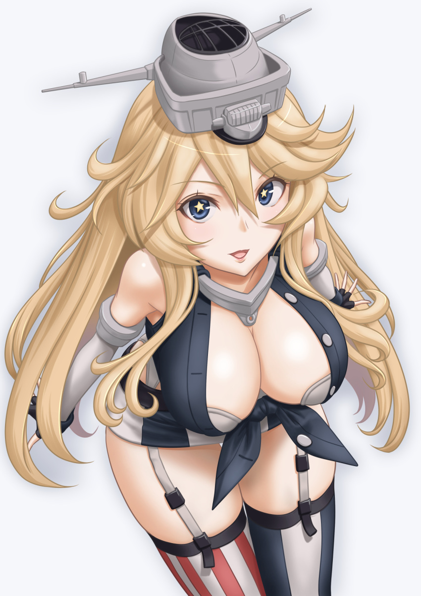 1girl, american_flag, american_flag_legwear, blonde_hair, blue_eyes, breasts, commentary_request, elbow_gloves
