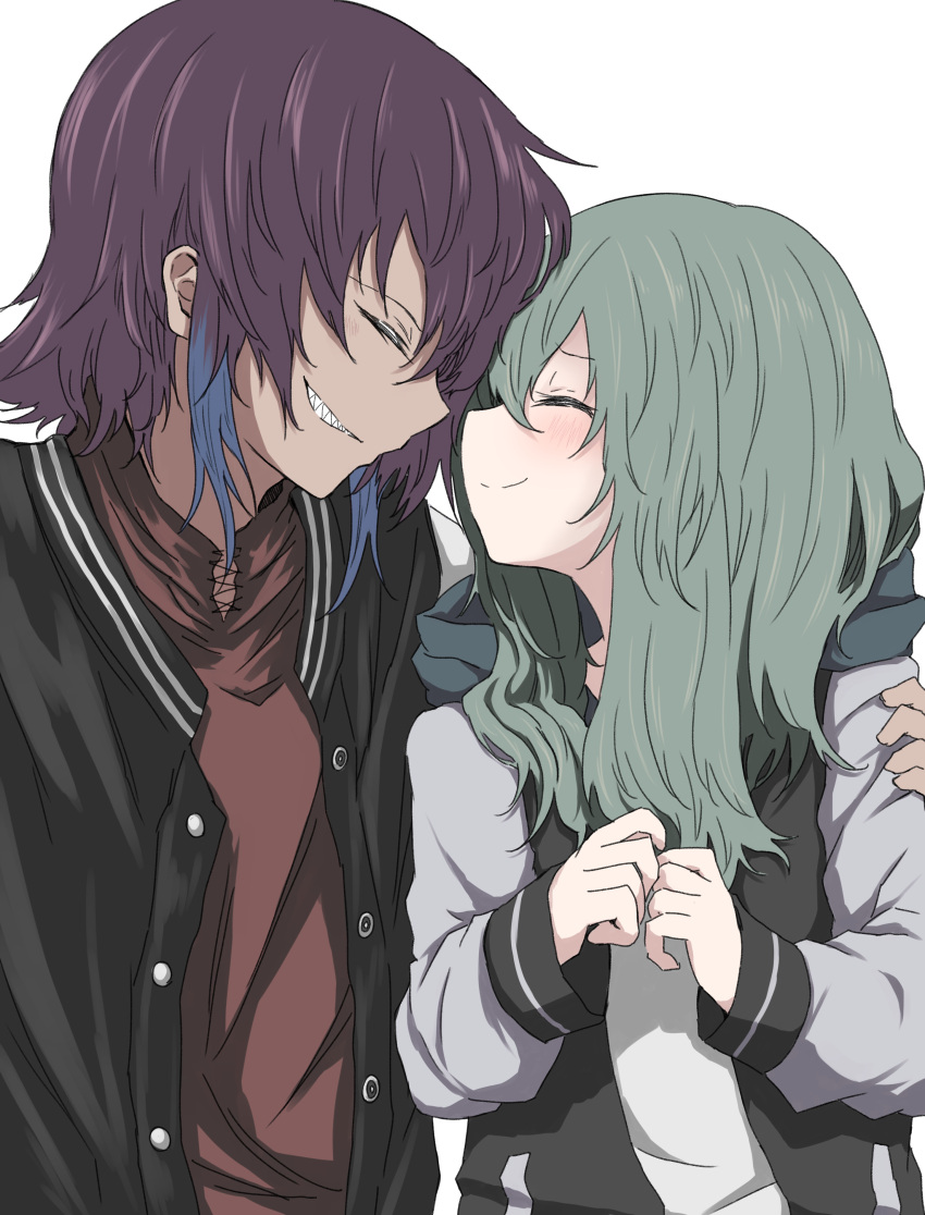 2girls, absurdres, arm_around_shoulder, baku_mutsuki, blue_hair, closed_eyes, green_hair, grin, happy, highres, kamatama, kuso_zako_choroin_nishiga_hachi, long_hair, long_sleeves, medium_hair, multicolored_hair, multiple_girls, purple_hair, reverse_trap, saiba_mirai, sharp_teeth, simple_background, smile, tan, teeth, white_background, yuri