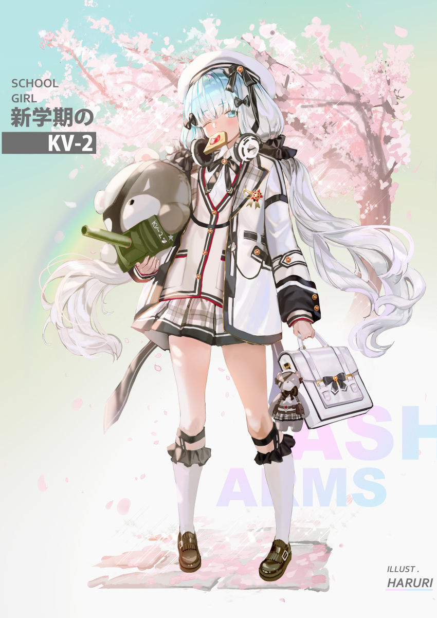 1girl, absurdres, ash_arms, bag_charm, bangs, black_footwear, black_sclera, blue_eyes
