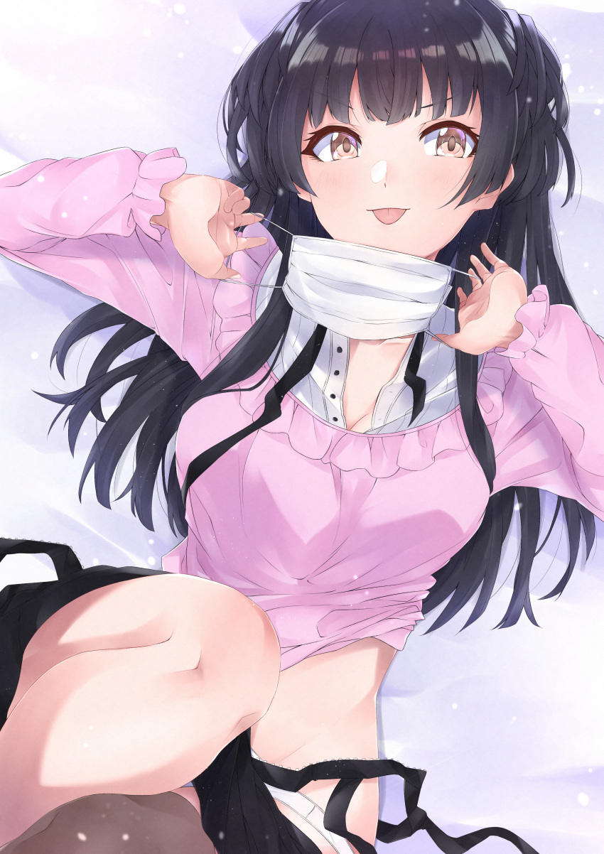 1girl, absurdres, bangs, black_hair, black_skirt, blunt_bangs, blush, breasts