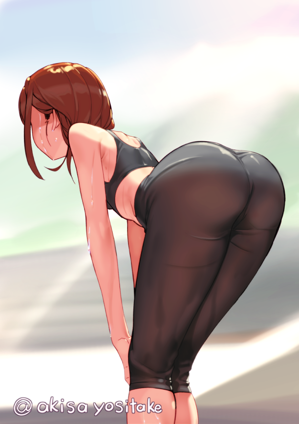 1girl, akisa_(12023648), ass, bare_shoulders, bent_over, black_pants, blurry, blurry_background