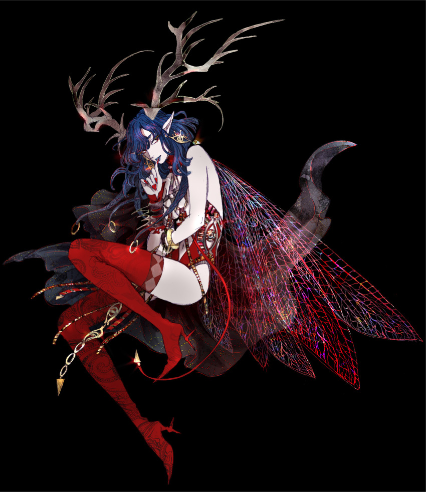 1girl, antlers, bangs, bare_shoulders, black_background, blue_hair, blue_lipstick, bracelet