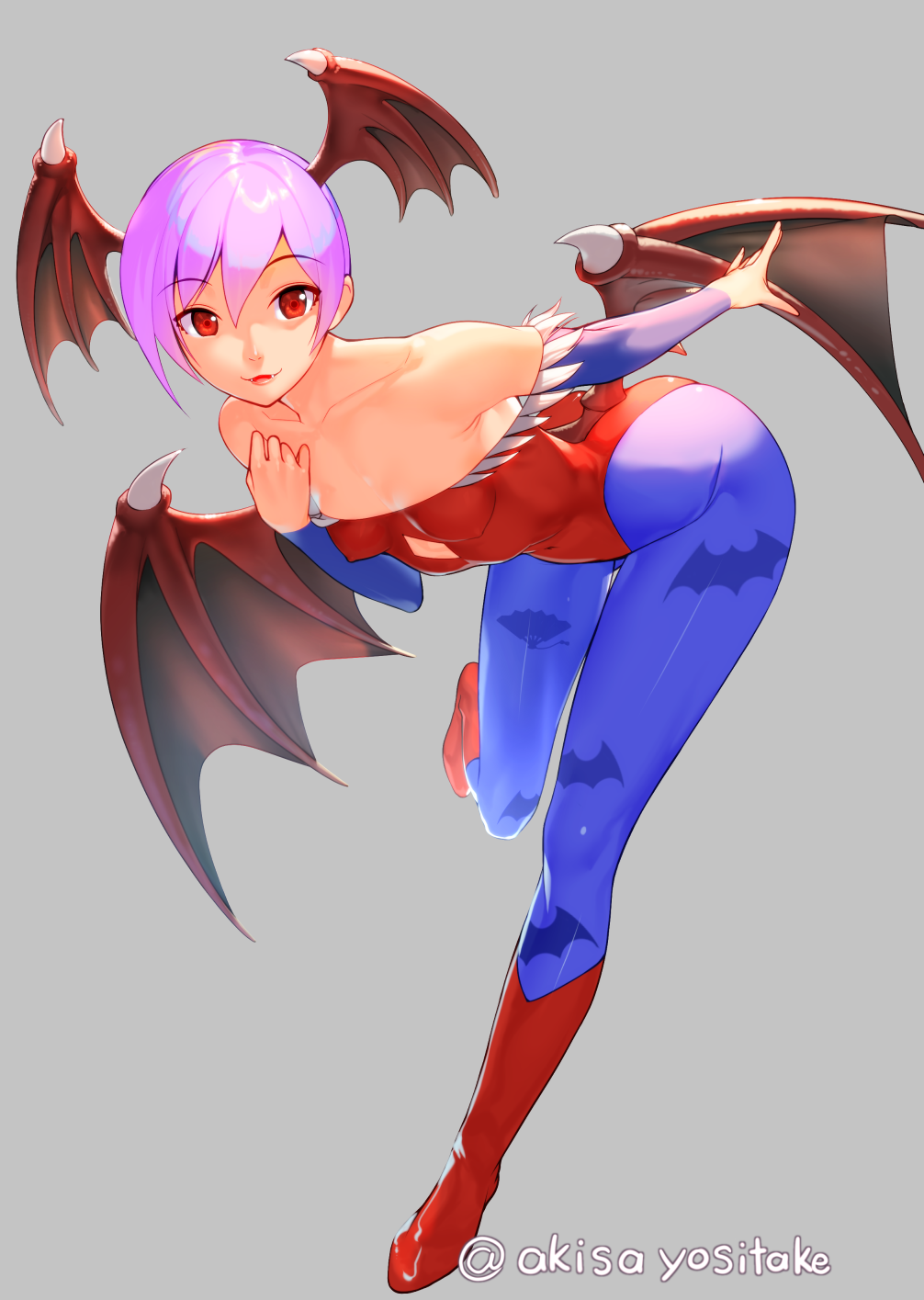 1girl, akisa_(12023648), animal_print, bangs, bare_shoulders, bat_print, bent_over, blue_legwear, boots, breasts, collarbone, commentary_request, cover, covered_navel, demon_girl, eyebrows_visible_through_hair, fang, fangs, full_body, grey_background, hand_on_own_chest, head_wings, highres, knee_boots, leg_up, leotard, lilith_aensland, looking_at_viewer, low_wings, off-shoulder_leotard, pantyhose, parted_lips, pink_hair, print_legwear, red_eyes, red_footwear, red_leotard, red_wings, short_hair, simple_background, small_breasts, smile, solo, spikes, standing, standing_on_one_leg, succubus, twitter_username, vampire_(game), wings