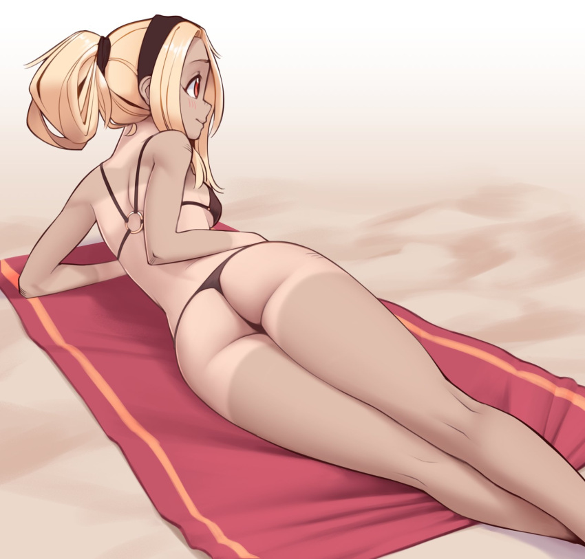 1girl, arm_support, ass, beach_towel, bikini, black_bikini, black_hairband, blonde_hair, blush, breasts, dark_skin, english_commentary, feet_out_of_frame, gravity_daze, hairband, highres, kitten_(gravity_daze), kneepits, legs, legs_together, looking_to_the_side, lying, medium_breasts, medium_hair, nickleflick, o-ring, o-ring_bikini, o-ring_top, on_side, ponytail, red_eyes, red_towel, sand, shiny, shiny_hair, sidelocks, solo, swimsuit, tan, tanline, towel