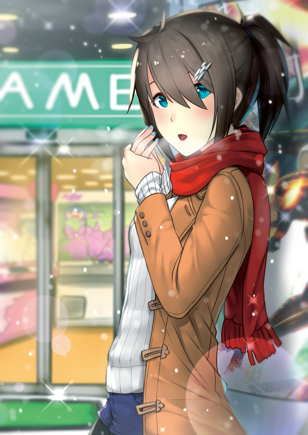 1girl, :o, black_legwear, blue_eyes, blue_nails, blue_shorts, blush, brown_coat