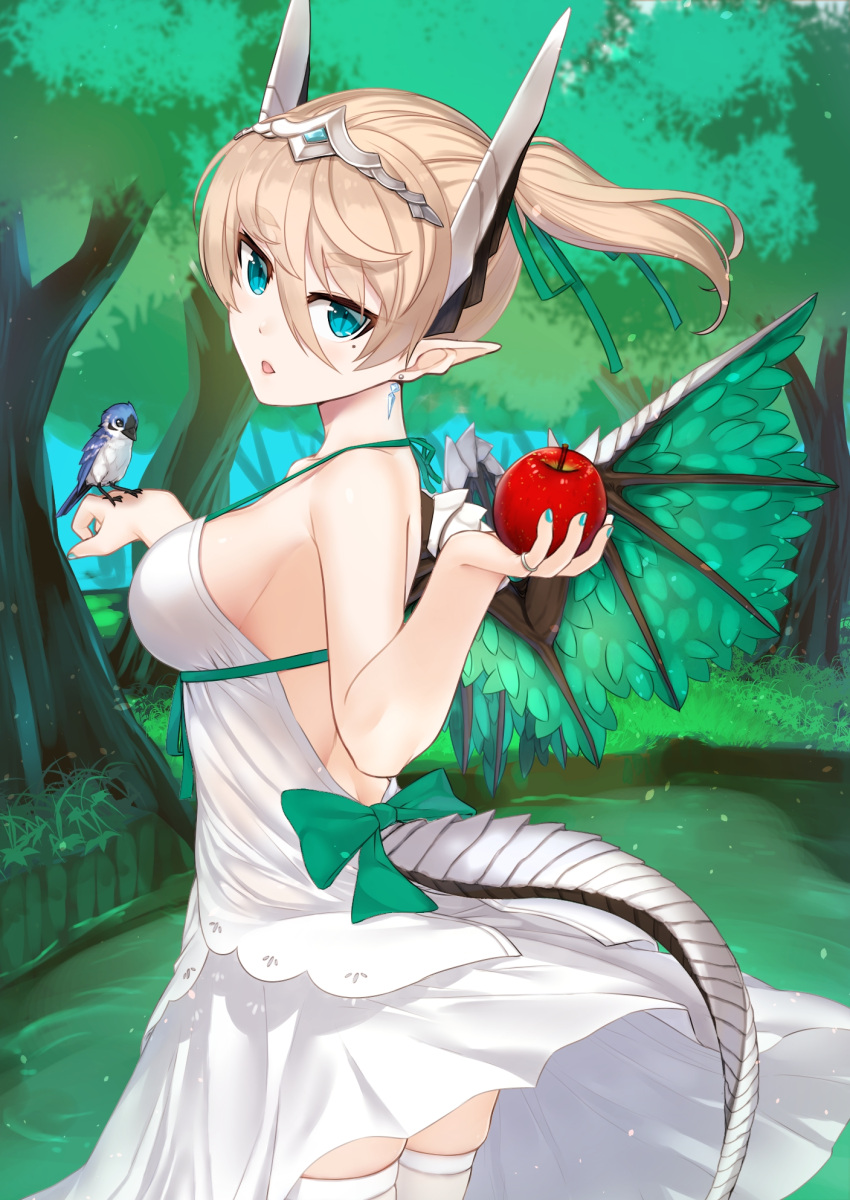 1girl, apple, bird, bird_on_hand, blonde_hair, blue_earrings, blue_nails, bow
