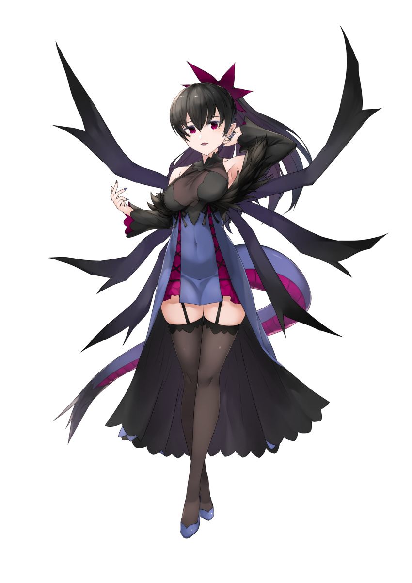 1girl, absurdres, black_legwear, black_nails, blue_footwear, blue_skirt, bow, breasts, covered_navel, detached_sleeves, full_body, fur_trim, garter_straps, hair_between_eyes, hair_bow, hand_up, highres, hydreigon, long_hair, long_sleeves, looking_at_viewer, medium_breasts, mole, mole_under_eye, parted_lips, personification, pokemon, ponytail, satoshiki, simple_background, skirt, solo, standing, tail, thigh-highs