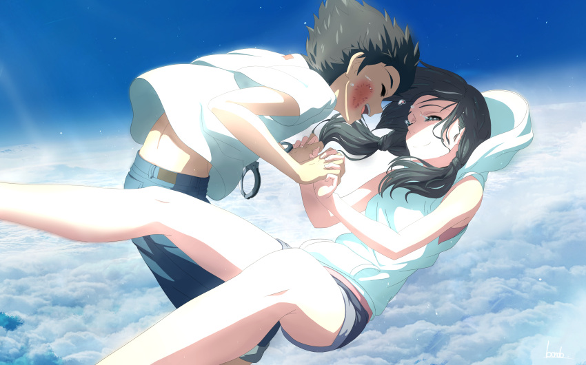 1boy, 1girl, absurdres, amano_hina_(tenki_no_ko), black_hair, blue_pants, blue_sky, bruise