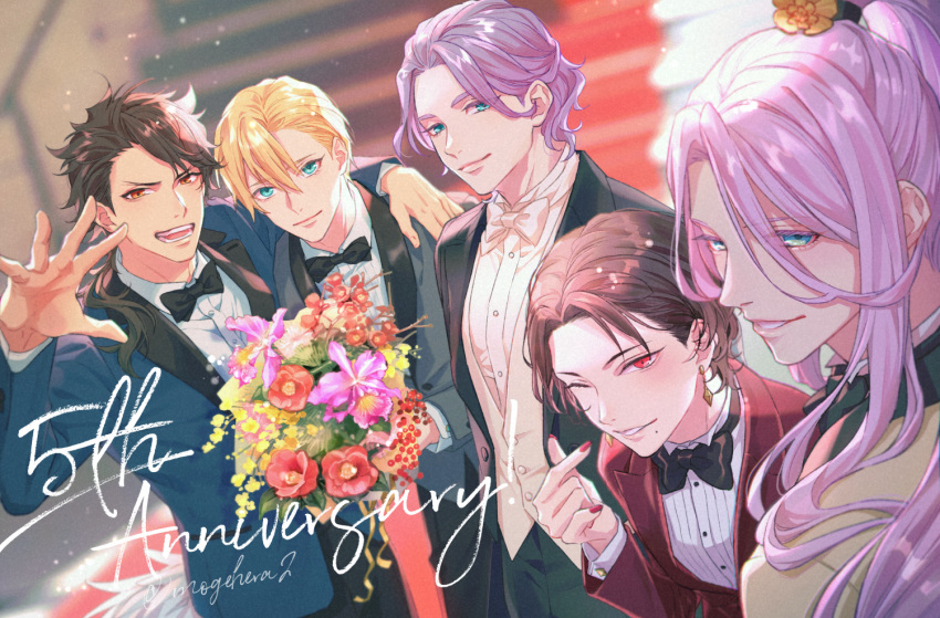 5boys, alternate_hairstyle, anniversary, aqua_eyes, arm_around_shoulder, blazer, blonde_hair, blue_eyes