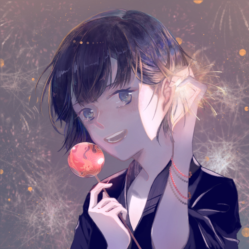 1boy, :d, amano_nagi, bishounen, black_hair, blush, hand_up, highres, koyone, looking_at_viewer, male_focus, night, open_mouth, outdoors, smile, solo, tenki_no_ko, upper_body