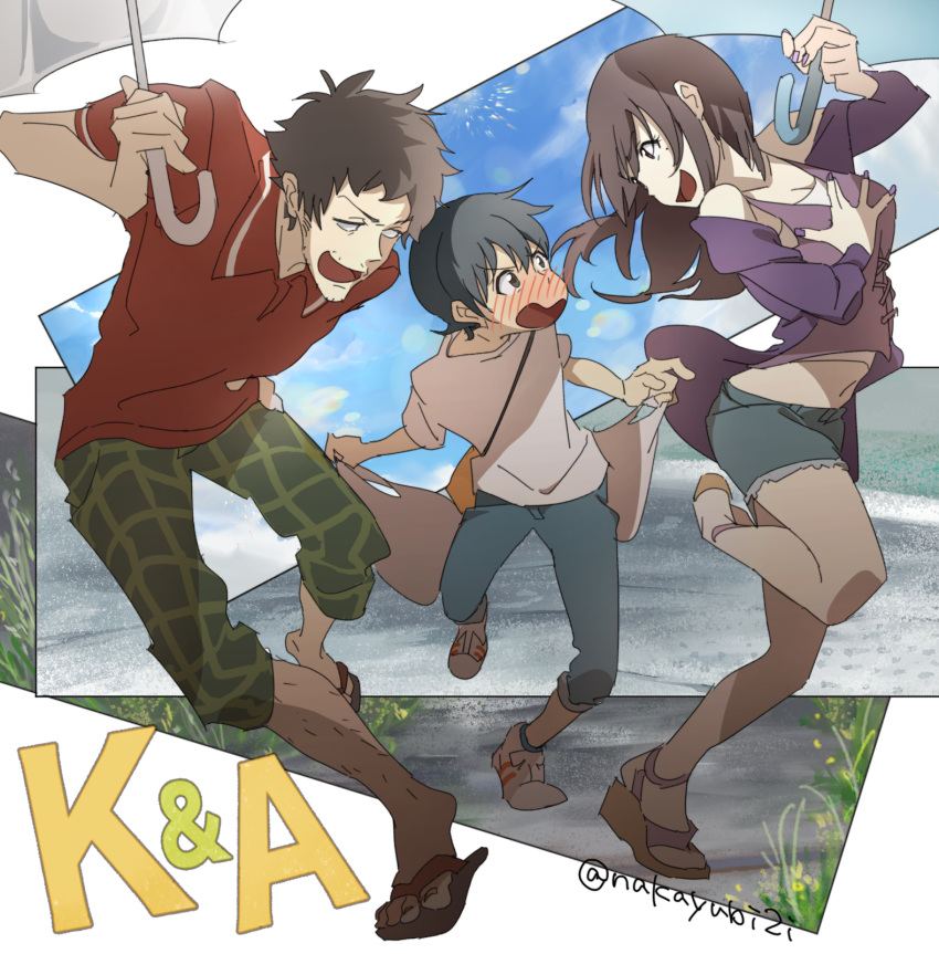 1girl, 2boys, :d, :o, bag, black_hair, blush, denim, eye_contact, facial_hair, hand_up, highres, looking_at_another, midriff, mole, mole_under_eye, morisaki_hotaka, multiple_boys, nakayubi2i, navel, open_mouth, outdoors, pants, purple_nails, red_shirt, sandals, shirt, shopping_bag, short_shorts, short_sleeves, shorts, smile, stubble, suga_keisuke, suga_natsumi, tenki_no_ko, twitter_username, umbrella