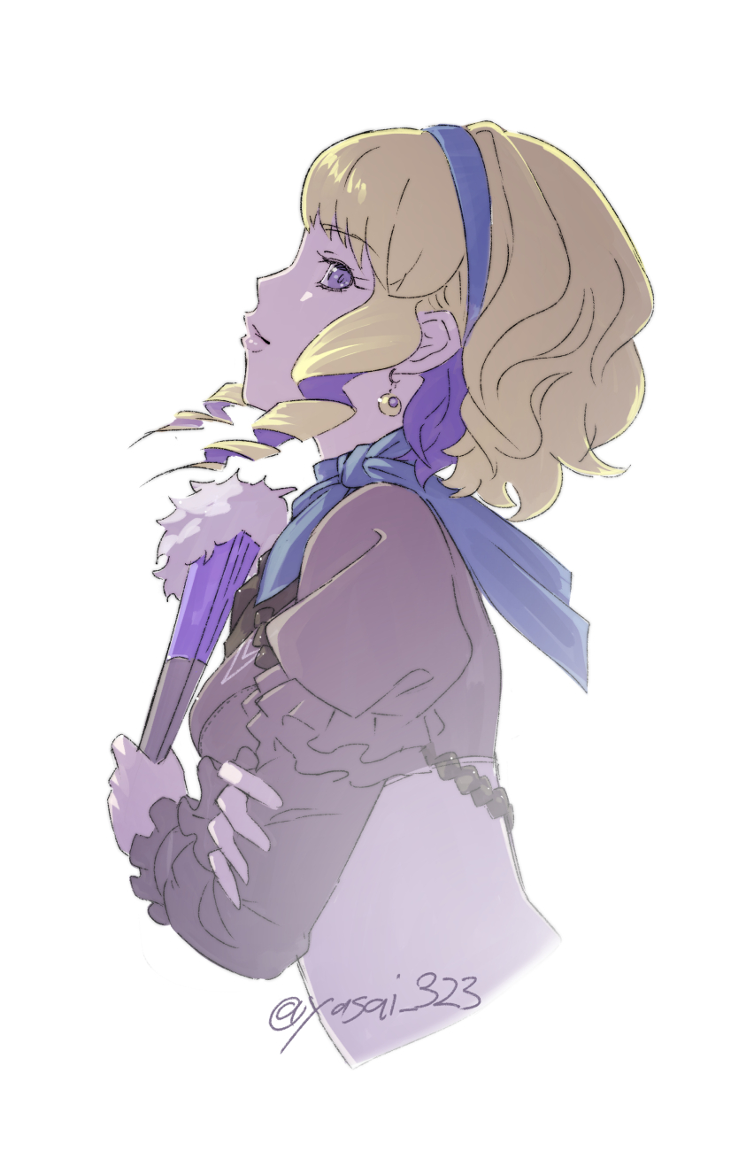 1girl, artist_name, blonde_hair, constance_(fire_emblem), drill_hair, earrings, fan, fire_emblem