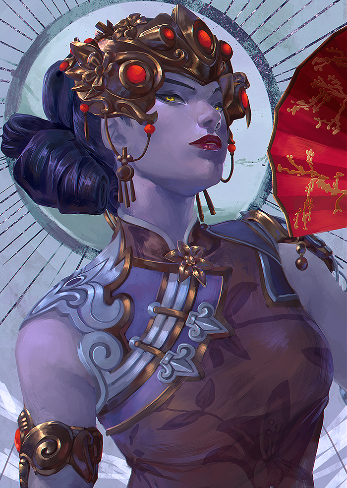 1girl, alternate_costume, alternate_hair_length, alternate_hairstyle, armband, black_lily_widowmaker, black_nails, bracelet, china_dress, chinese_clothes, close-up, dress, earrings, fan, flower, headgear, jewelry, lipstick, makeup, overwatch, purple_dress, purple_hair, purple_skin, sleeveless, sleeveless_dress, solo, widowmaker_(overwatch), yellow_eyes, yoookissomuruschag