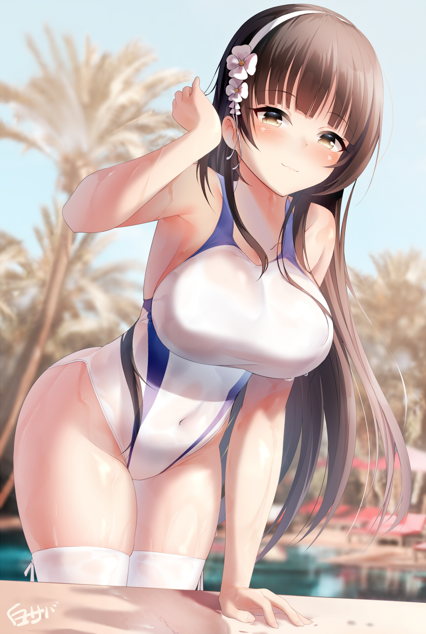 1girl, adjusting_hair, arm_support, artist_name, blue_swimsuit, blush, breasts, brown_eyes